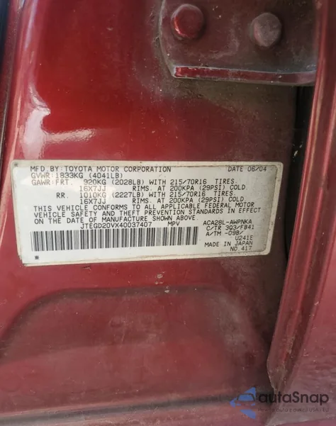 2004 Toyota Rav4 from USA, damaged, VIN JTEGD20VX40037407